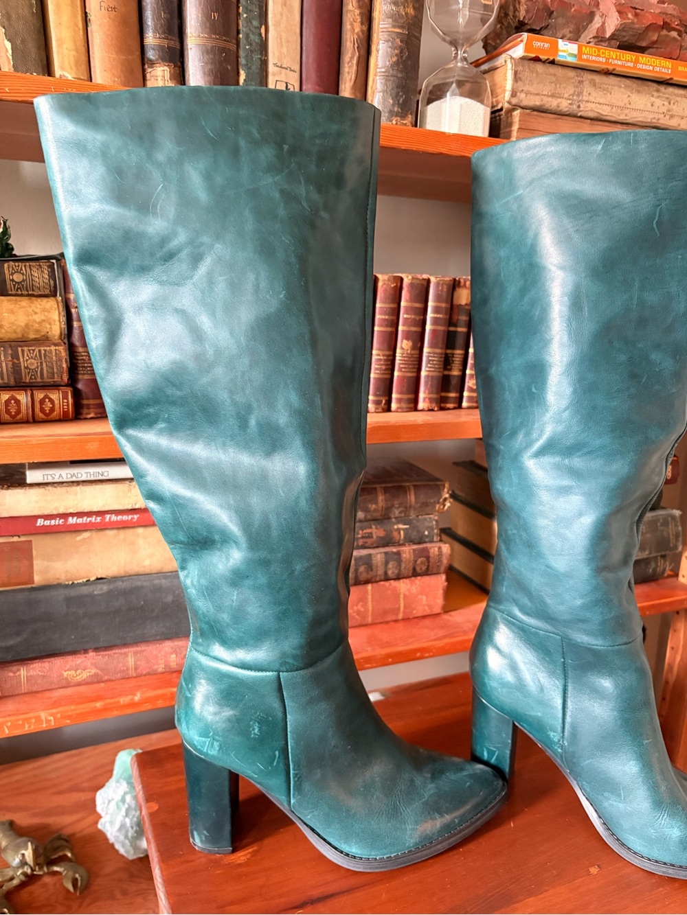 Nine West Teal/Green Knee-High Leather Boots with Block Heel - Picture 2 of 13